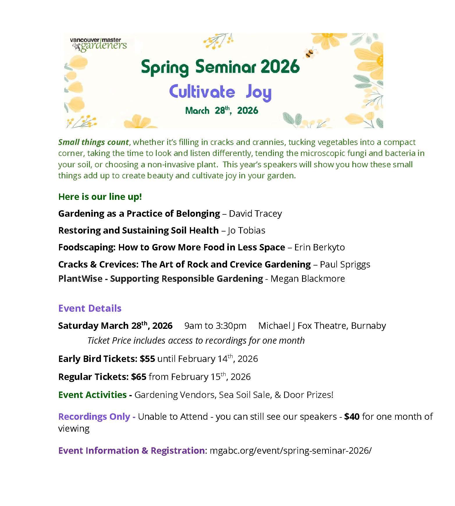 Vancouver Master Gardeners - Spring Seminar 2026 - Cultivate Joy